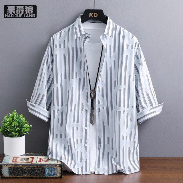12233116.七分袖衬衫男夏季新款短袖衬衣服休闲薄款冰丝潮流外套