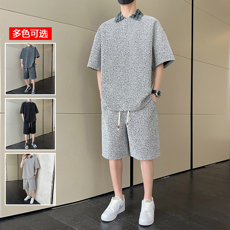 12224771.衣仕梵夏季新款男式潮牌翻领宽松五分裤套装【衣仕梵男装XJ】