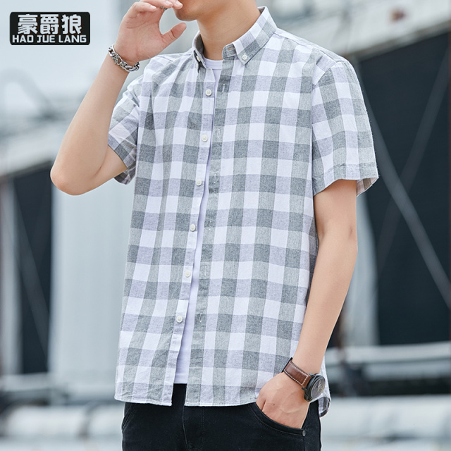 12233081.青少年男孩纯棉短袖衬衫2025夏季16岁初高中学生半袖格子衬衣