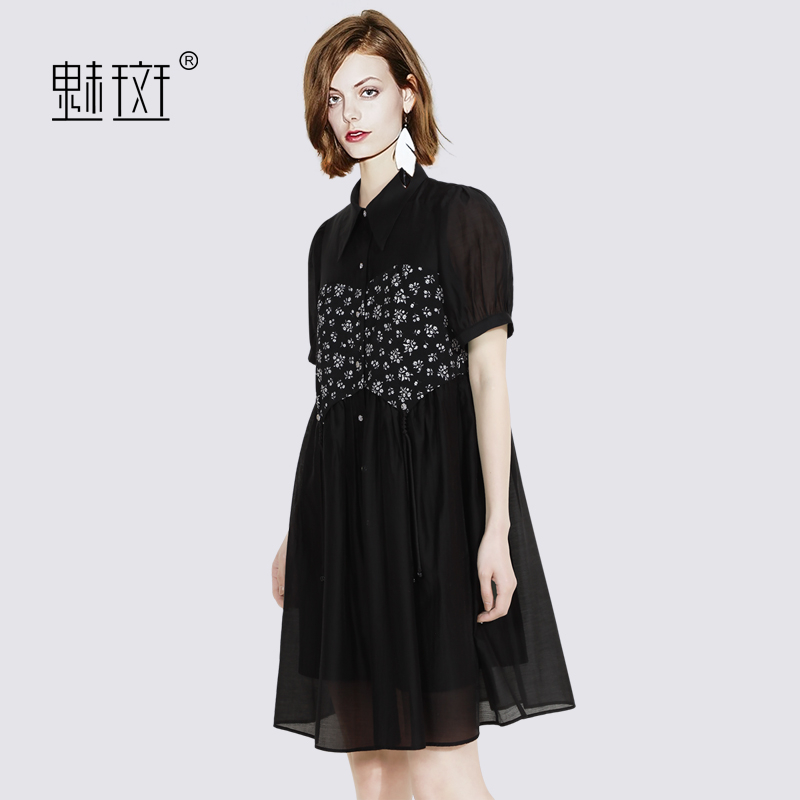 12225239.魅斑碎花拼接Polo领连衣裙裙子衬衫裙小黑裙