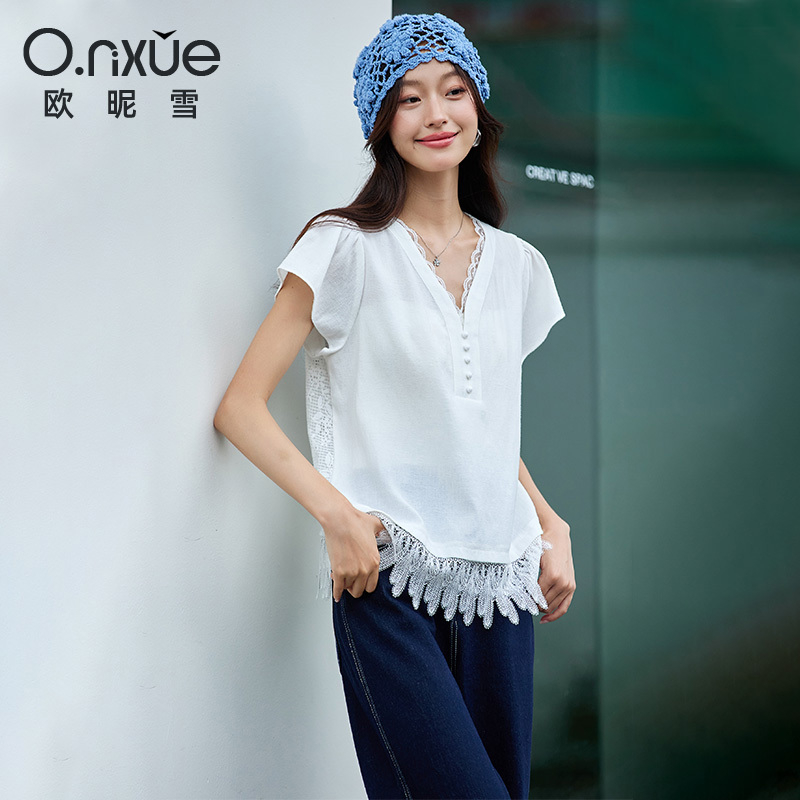 12234925.欧昵雪【时尚宽松百搭衬衫】温柔浪漫设计感V领蕾丝拼接上衣女