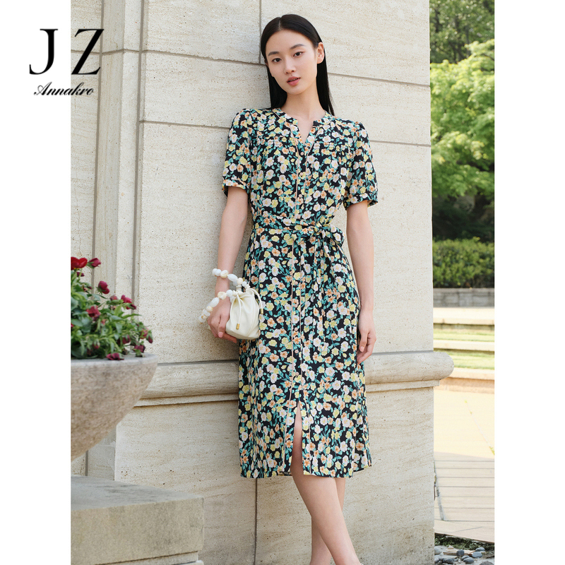 12236992.【醋酸系列】玖姿安娜蔻优雅木芙蓉印花收腰连衣裙女夏季新款