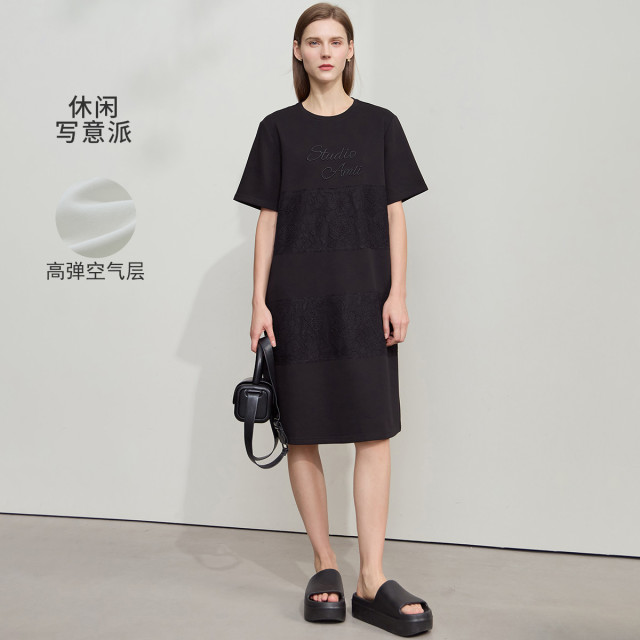 12341776.新款宽松圆领连衣裙女夏季拼蕾丝边宽松中长弹力空气层T恤裙