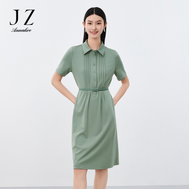 12237164.玖姿安娜蔻清新感休闲压褶收腰舒适棉短袖连衣裙女装夏季新款
