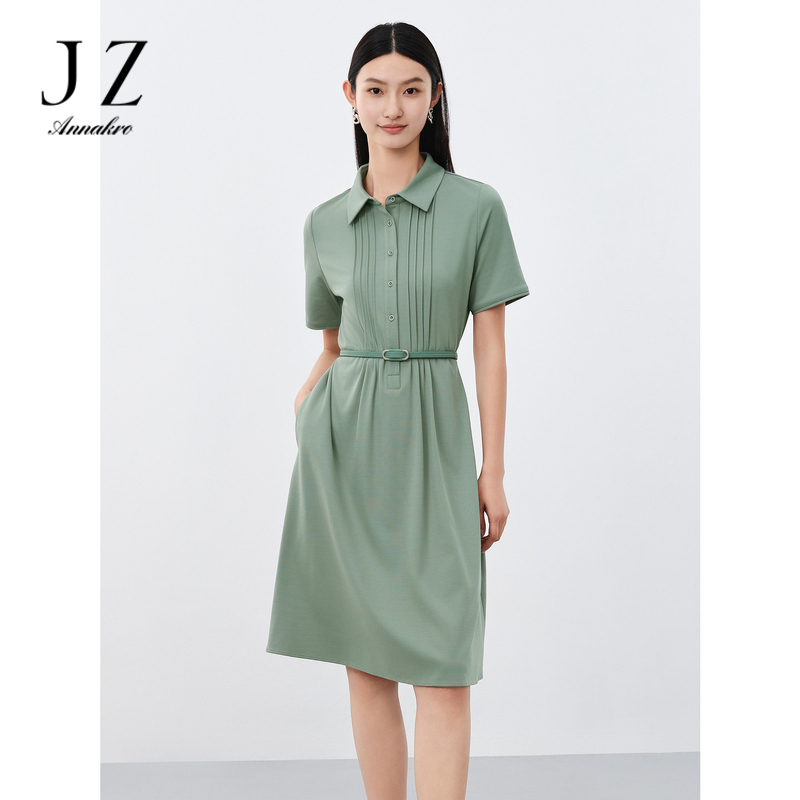 12237164.玖姿安娜蔻清新感休闲压褶收腰舒适棉短袖连衣裙女装夏季新款