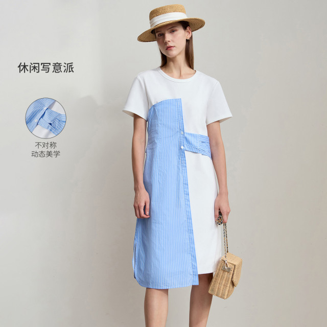 12341839.新款连衣裙夏季小众设计圆领空气层短袖弹力拼条纹撞色T恤裙
