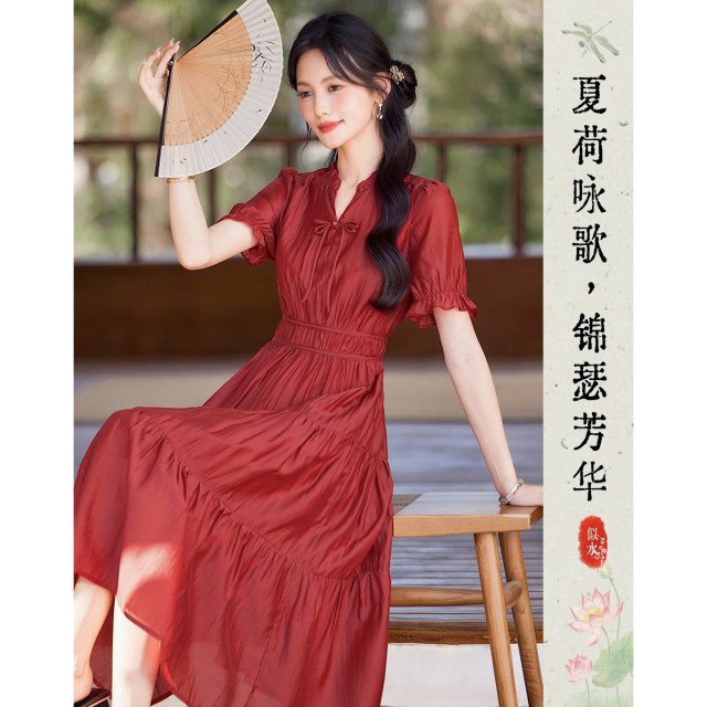 12259823.【2025夏日穿搭】设计感国风褶皱松紧腰连衣裙女