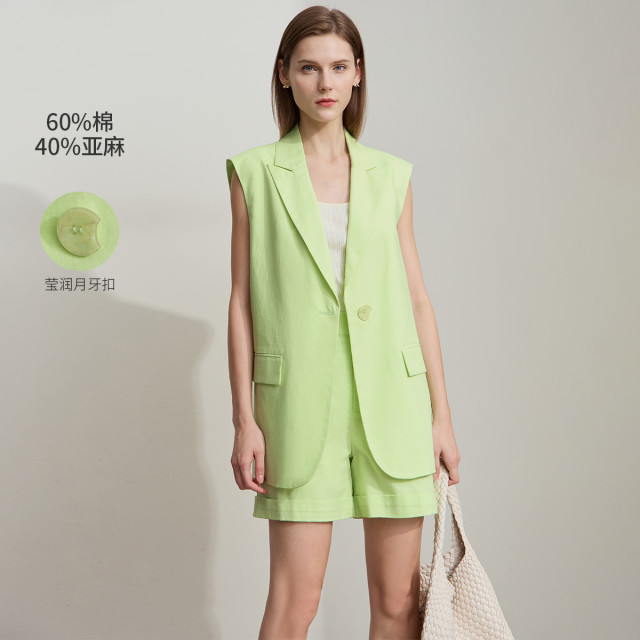 12341789.新款翻驳领棉麻宽肩西装马夹女一粒扣时尚通勤上衣