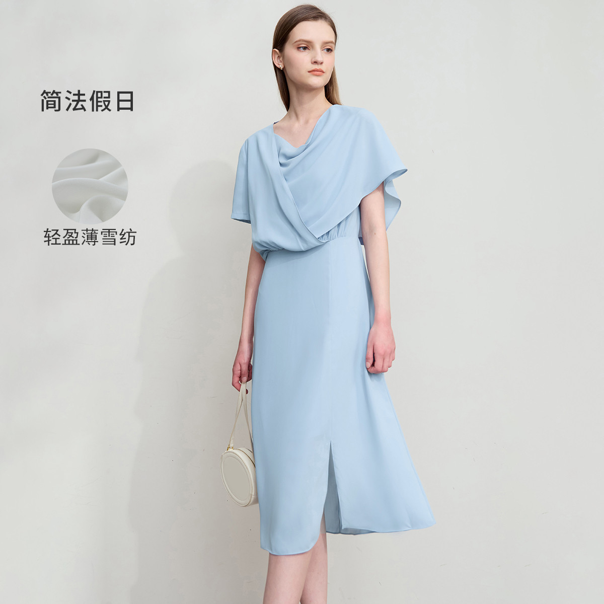 12341774.新款极简通勤优雅纯色不对称设计感荡领中长连衣裙