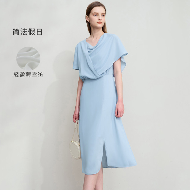 12341774.新款极简通勤优雅纯色不对称设计感荡领中长连衣裙