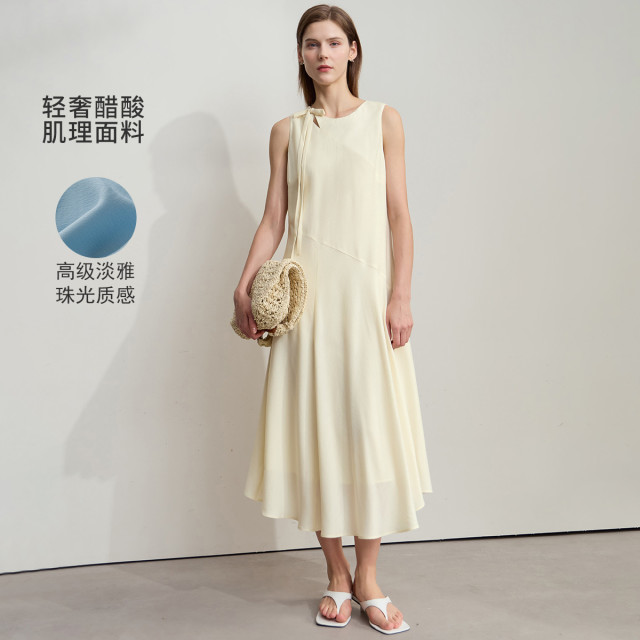 12341809.新款极简通勤无袖合体长款醋酸混纺肌理感绑带连衣裙