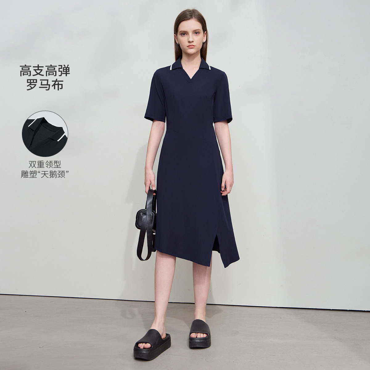 12341841.新款极简翻领短袖收腰连衣裙女夏季不对称中长分割开衩裙子