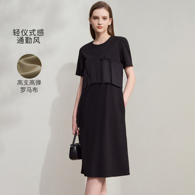 12341827.新款极简弹力罗马布连衣裙女夏季高级感短袖中长拼接T恤裙