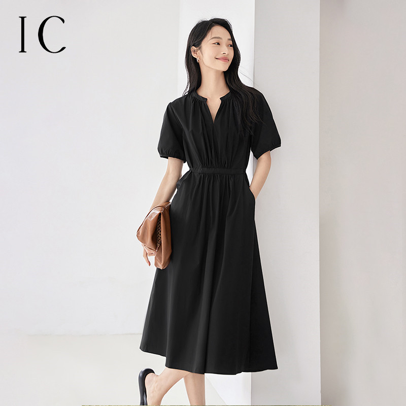12251851.法式黑色气质优雅立体褶裥收腰设计连衣裙女2025新款夏季裙子
