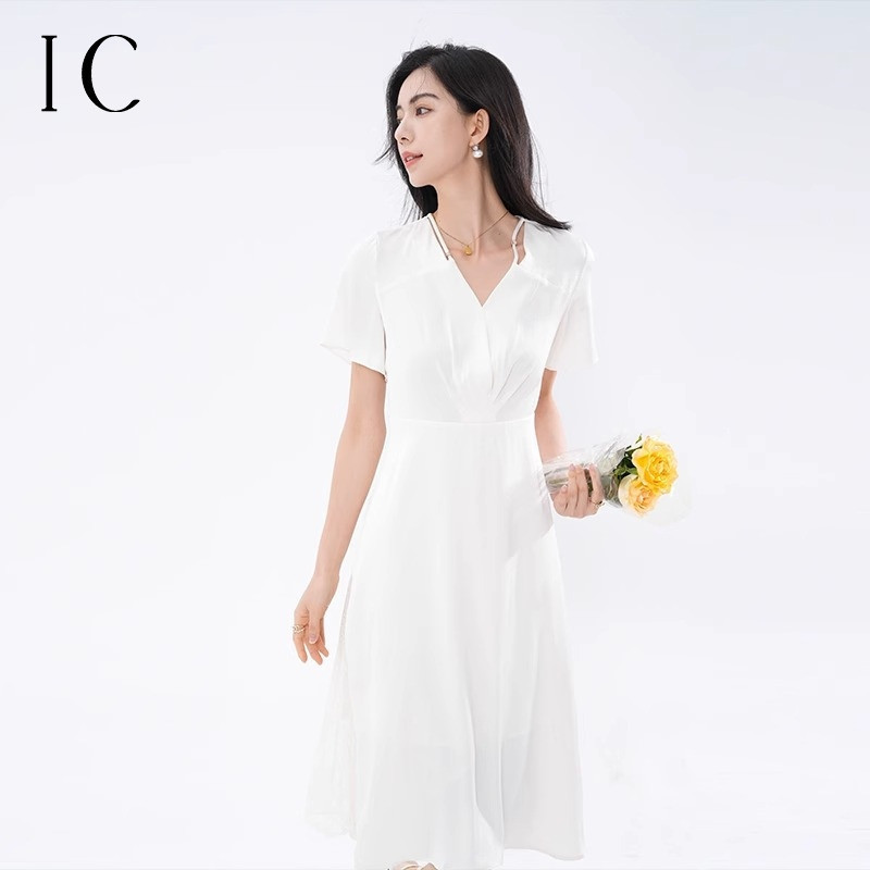 12251810.法式V领交叉连衣裙短袖收腰显瘦休闲裙子女夏天百搭气质长裙