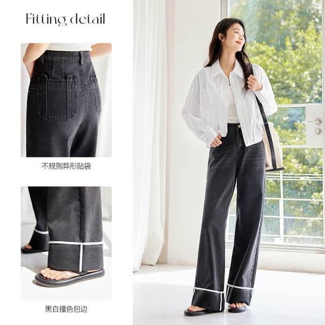12251852.简约灰色脚口翻边撞色牛仔裤女2025新款设计休闲百搭舒适直筒裤