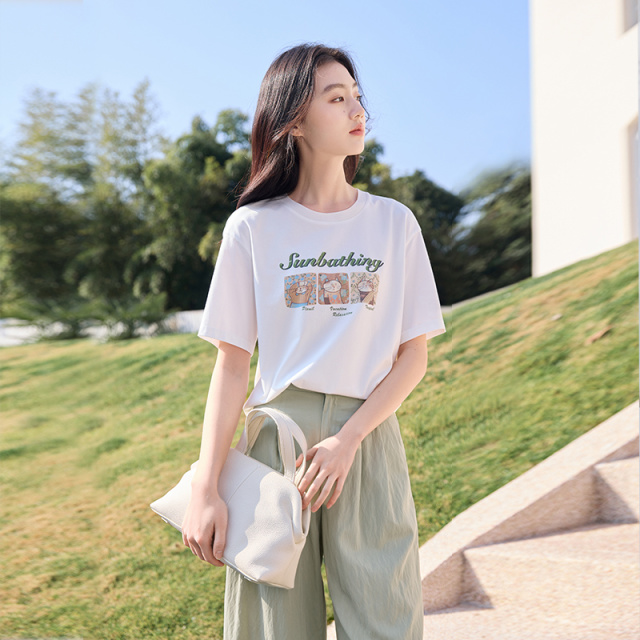 12273234.香影白色圆领薄款短袖t恤女2025夏装新款超好看印花字母减龄上衣