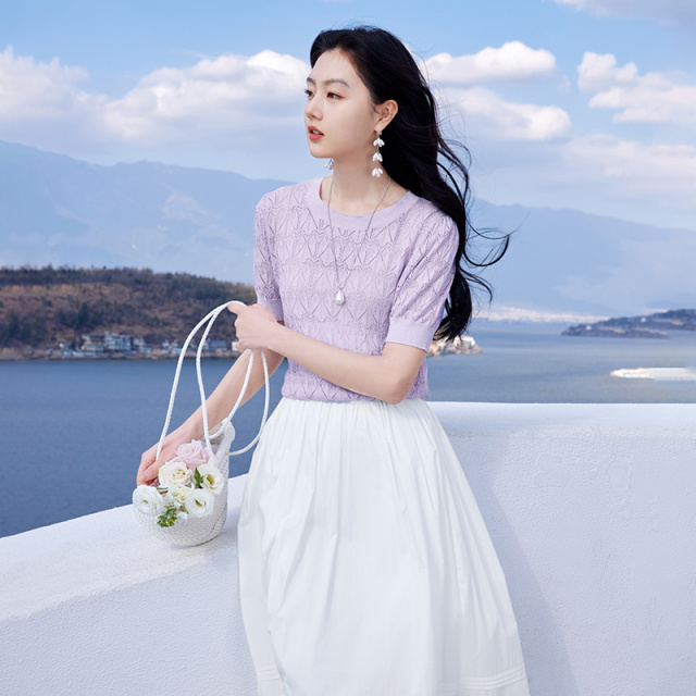 12273151.香影紫色薄款针织衫女短袖2025夏装新款透气t恤镂空圆领正肩上衣