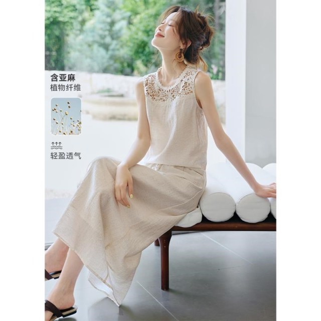 12268090.【沫晗依美】【微风情书】气质复古蕾丝镂空拼接含麻衬衫半身裙套装
