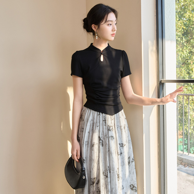 12273152.香影新中式国风立领t恤女短袖2025夏季新款黑色不规则设计感上衣