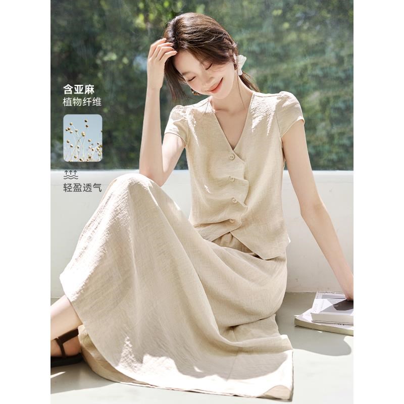 12268073.【沫晗依美】【自然夏趣】休闲简约含麻交叉纽扣褶皱衬衫半裙套装