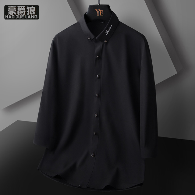 12277914.七分袖衬衫男士休闲半袖潮夏装刺绣上衣夏季薄款帅气中袖蓝色衬衣