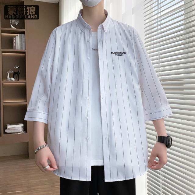 12277922.夏男士条纹衬衫七分袖冰丝薄款男装修身五分袖衬衣潮流休闲上衣