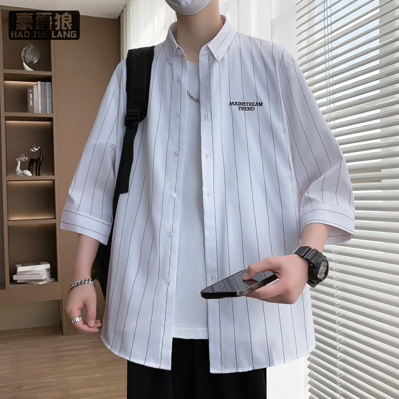 12277922.夏男士条纹衬衫七分袖冰丝薄款男装修身五分袖衬衣潮流休闲上衣