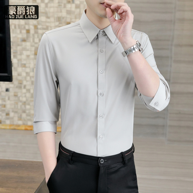 12277901.衬衫男士纯色中袖韩版潮流休闲短袖潮牌男装七分袖夏季衬衣服