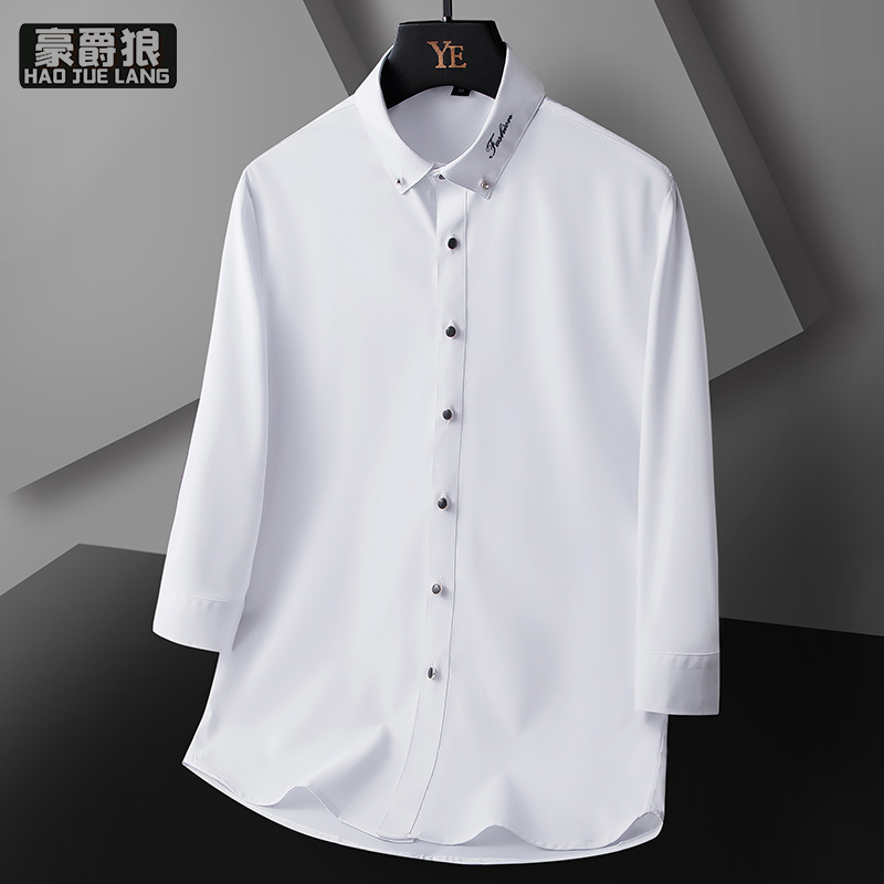 12277914.七分袖衬衫男士休闲半袖潮夏装刺绣上衣夏季薄款帅气中袖蓝色衬衣