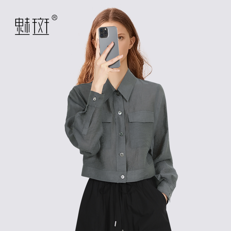 12278300.魅斑设计感短款休闲灰色衬衫气质衬衣