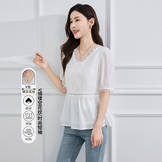 12326614.【专柜同款】【衬衫打底衫】夏季纯色减龄短袖时尚拼接上衣女