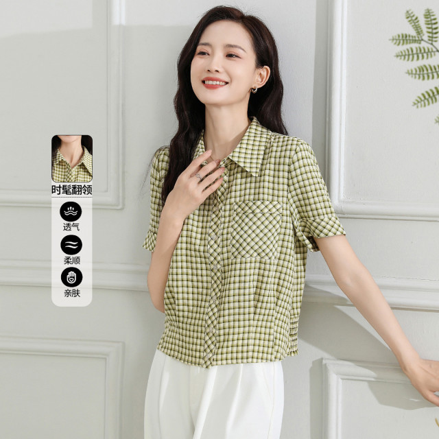12307542.【专柜同款】【格子短袖衬衫】夏季时尚百搭翻领薄款上衣