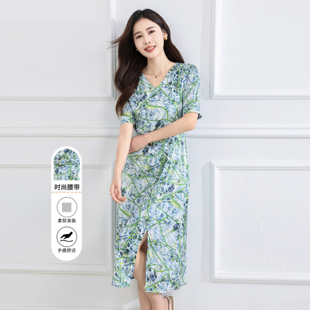 12307540.【专柜同款】【碎花裙】夏季新款时尚气质优雅通勤百搭前开叉连衣裙女