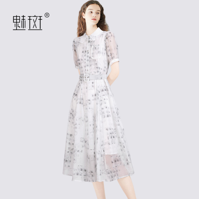 12279712.魅斑蕾丝拼接Polo领短袖连衣裙连身裙大摆裙