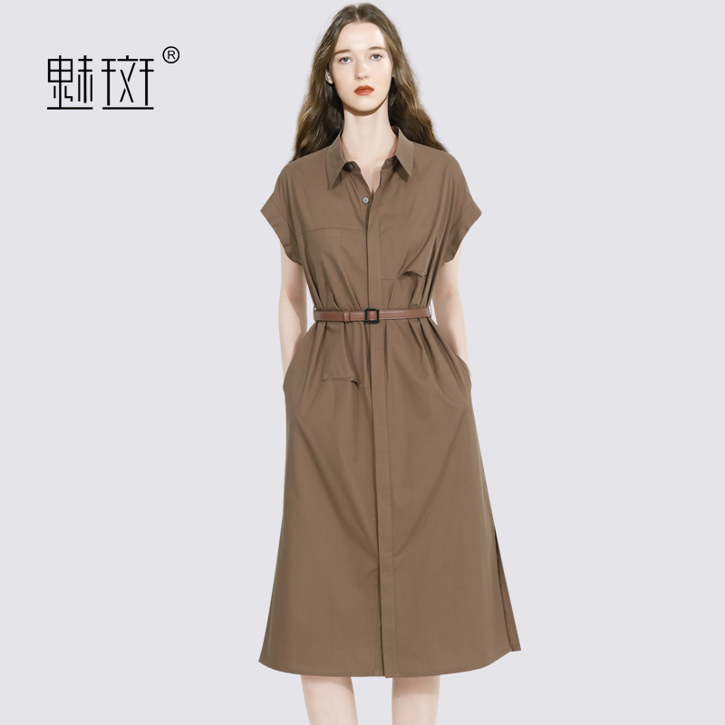 12279718.魅斑复古Polo领短袖连衣裙压褶设计衬衫裙