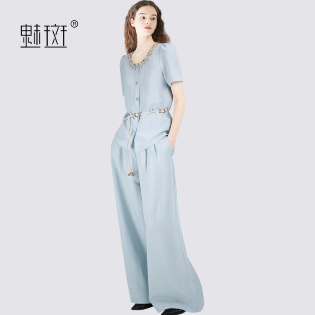 12279700.魅斑串珠系带上衣阔腿裤两件套贝壳装饰套装