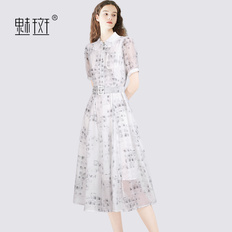 12279712.魅斑蕾丝拼接Polo领短袖连衣裙连身裙大摆裙