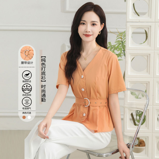 12307469.【专柜同款】【纯色打底衫】夏季气质通勤简约时尚短袖上衣
