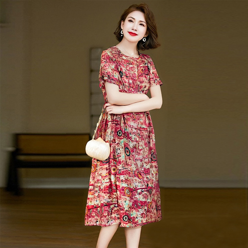12643524.妈妈装圆领花色舒适丝麻连衣裙QFHM206