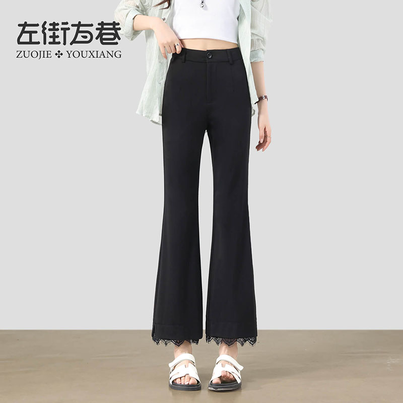 13001202.【左街右巷】软薄蕾丝花边小个子九分喇叭休闲裤