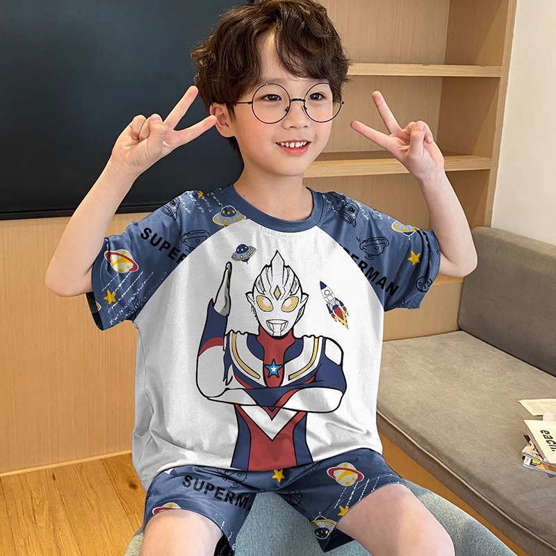 12301489.爆款奥特曼男童睡衣夏季薄款短袖中大童儿童空调服小男孩奥特曼卡通宝宝休闲睡衣套装