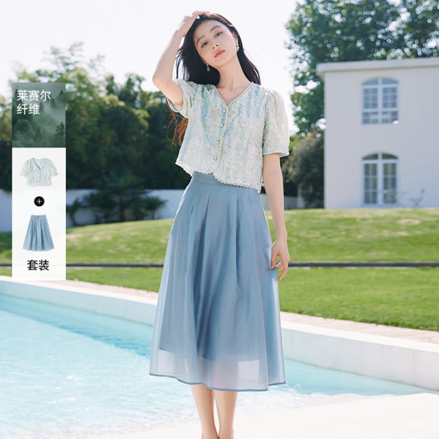 12325670.2025夏装夏日绝美小套装裙女莱赛尔天丝半身裙两件套