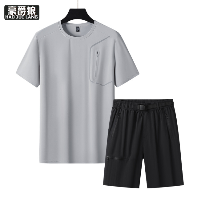 12310639.冰丝短袖运动休闲套装男士夏季薄款速干弹力T恤短裤两件套