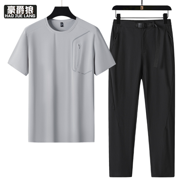 12310640.时尚休闲运动短袖长裤套装男夏季中青年跑步速干冰丝T恤