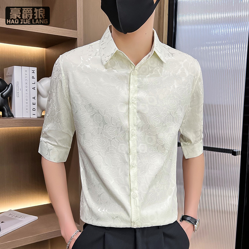 12310670.夏季冰丝衬衫男七分袖潮流痞帅修身中袖衬衣夏装弹力免烫帅气寸衫