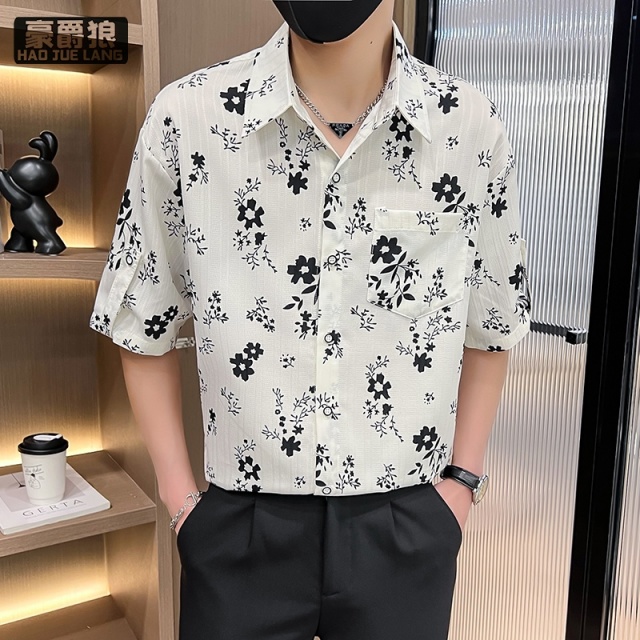 12310679.夏季短袖衬衫男士潮流痞帅沙滩服小碎花衬衣外套宽松半袖防晒寸衫