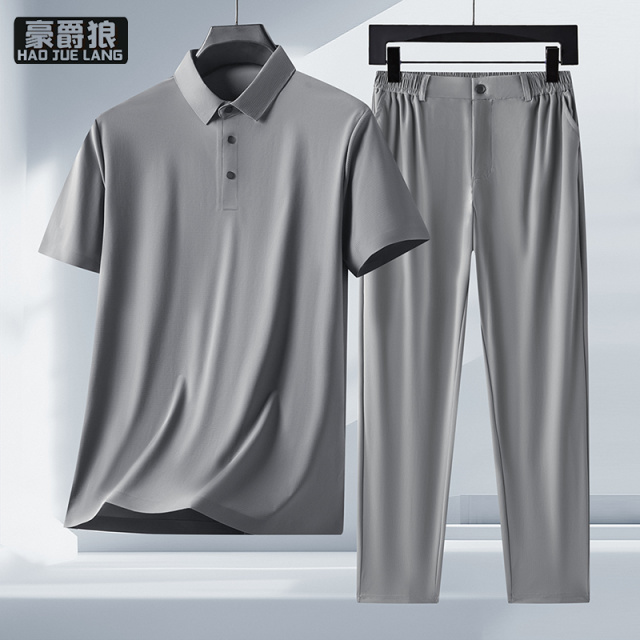 12310696.无痕POLO衫男士短袖夏季套装翻领休闲长裤两件套薄款冰丝爸爸装