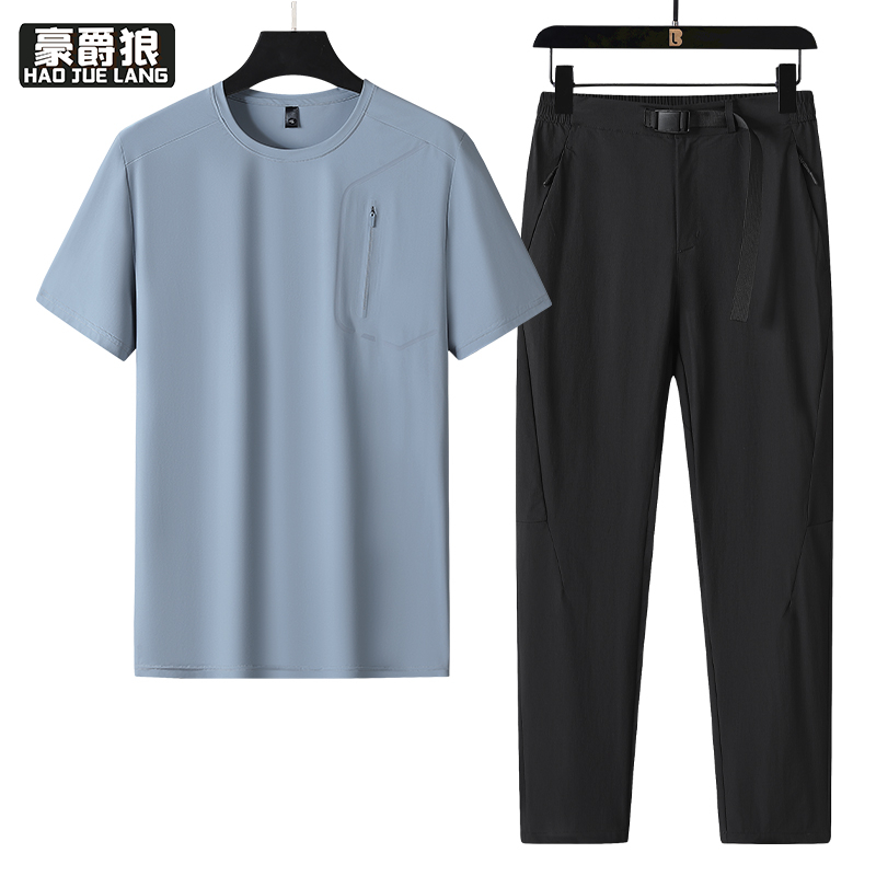12310640.时尚休闲运动短袖长裤套装男夏季中青年跑步速干冰丝T恤