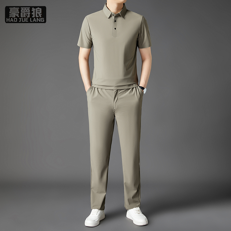 12310696.无痕POLO衫男士短袖夏季套装翻领休闲长裤两件套薄款冰丝爸爸装